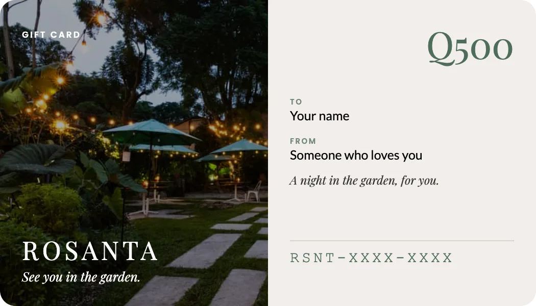 Sample Rosanta gift card: the garden at night and, beside it, the amount, who it is for, who it is from and the message