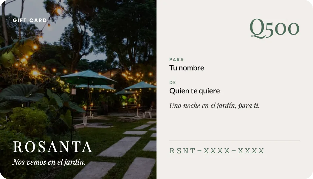Tarjeta de regalo de Rosanta, de muestra: foto del jardín de noche y, al lado, el monto, para quién, de quién y el mensaje
